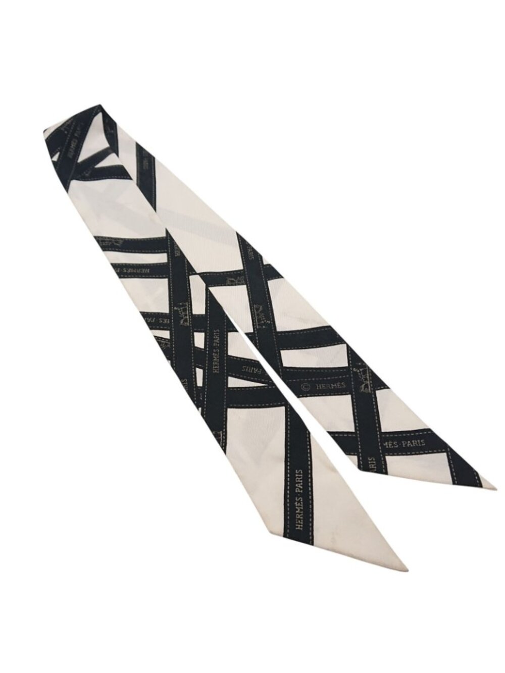 Hermes Twilly Bolduc Ribbon Pattern White Black Scarf - Picture 3 of 12